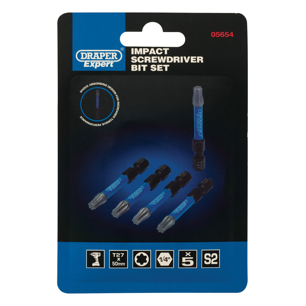 Draper Expert TX-STAR Impact Screwdriver Bits, T27 x 50mm, 1/4" Hex (Pack of 5) : Model No. IMBH/TX50/5