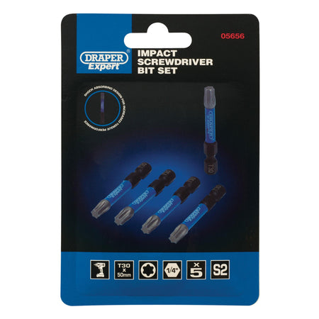 Draper Expert TX-STAR Impact Screwdriver Bits, T30 x 50mm, 1/4" Hex (Pack of 5) : Model No. IMBH/TX50/5