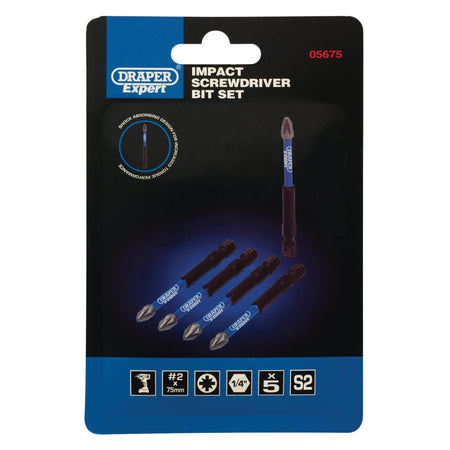 Draper Expert PZ-Type Impact Screwdriver Bits, No.2 x 75mm, 1/4" Hex (Pack of 5) : Model No. IMBH/PZ75/5