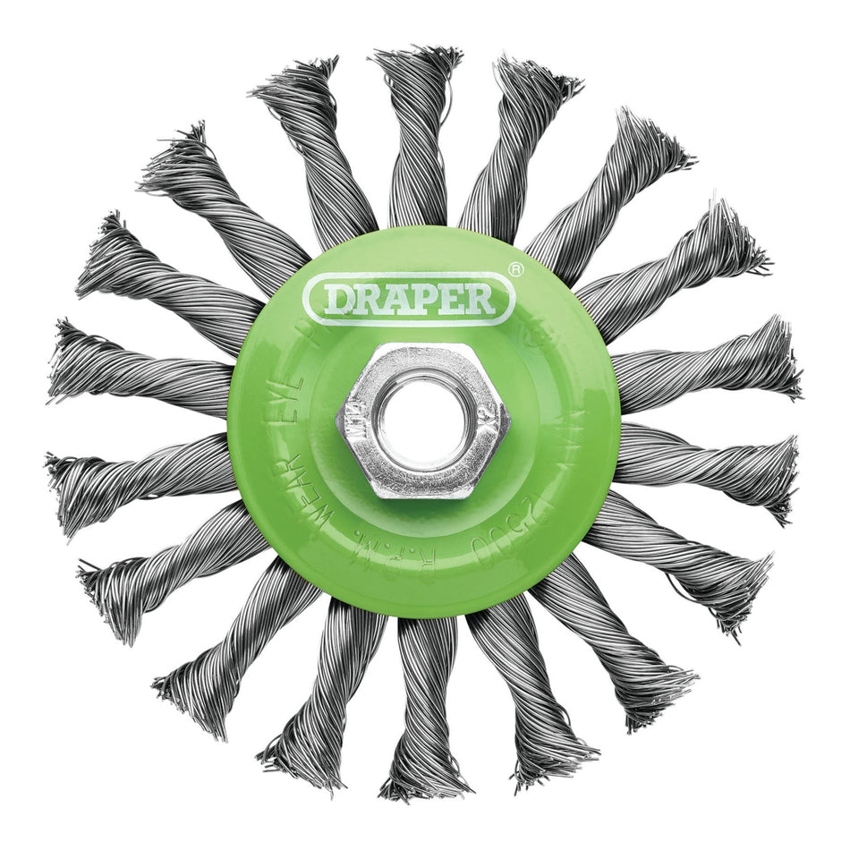 Stainless-Steel Twist-Knot Flat Wire Wheel Brush, 115mm, M14 : Model No. WBW5