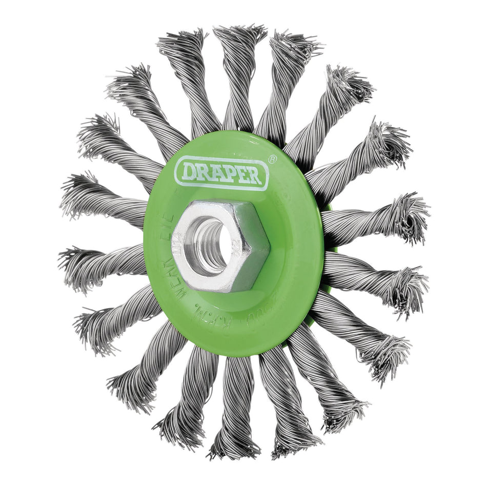 Stainless-Steel Twist-Knot Flat Wire Wheel Brush, 115mm, M14 : Model No. WBW5