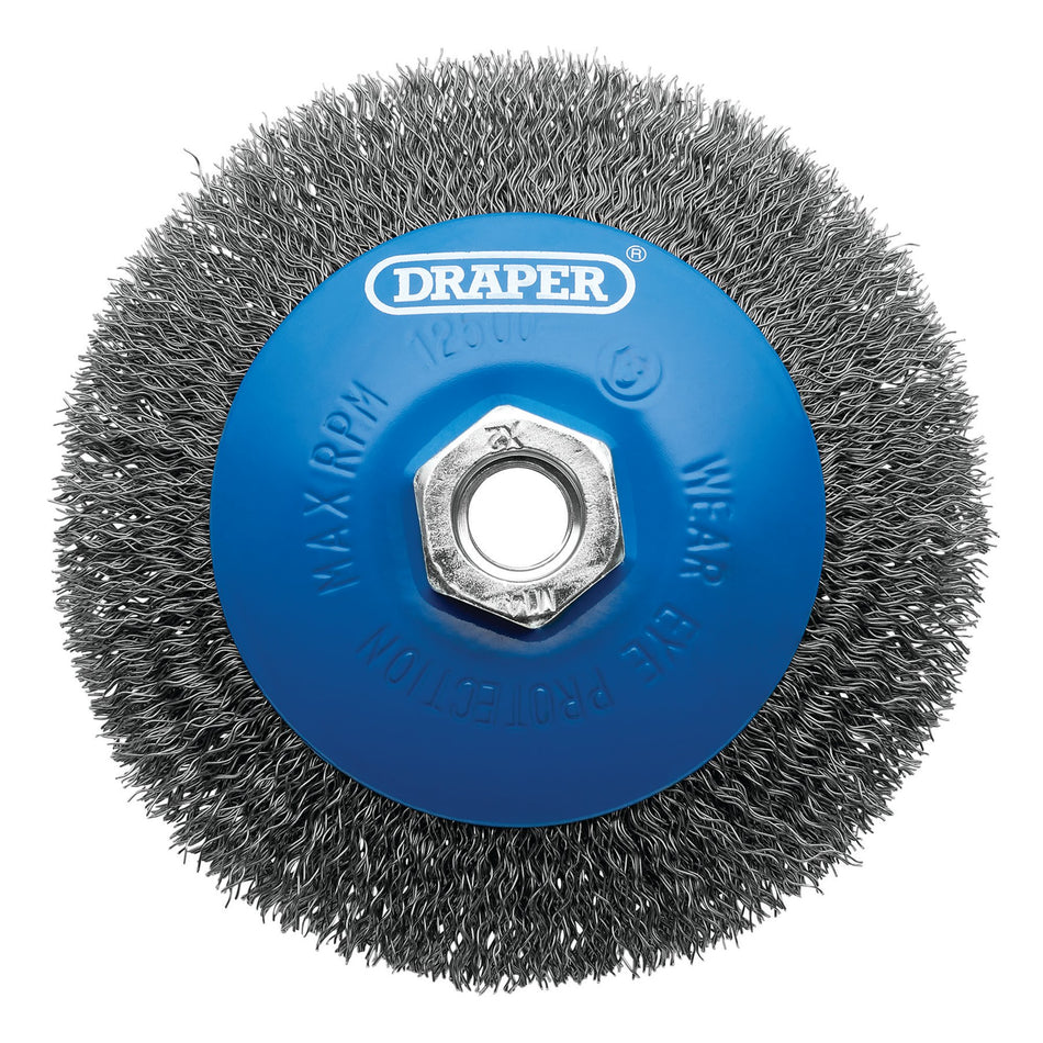 Steel Bevelled Crimped Wire Wheel Brush, 115mm, M14 : Model No. WBW1