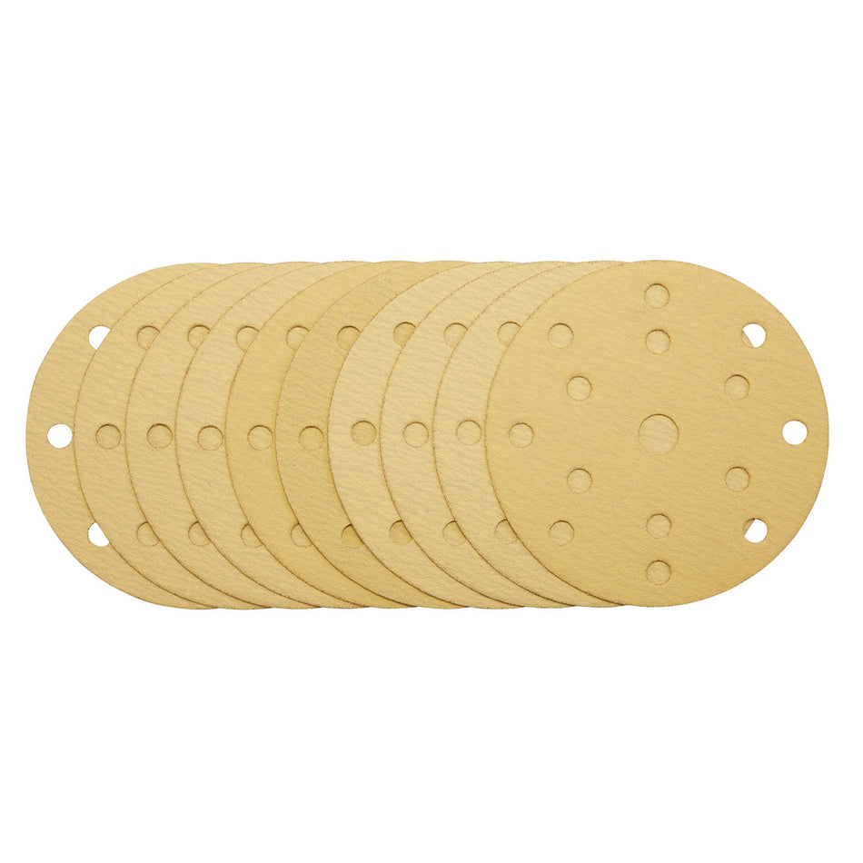 Gold Sanding Discs with Hook & Loop, 150mm, 120 Grit, 15 Dust Extraction Holes (Pack of 10) : Model No. SDHLG150
