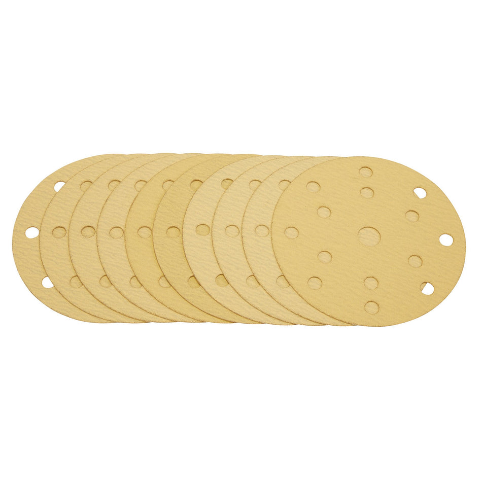 Gold Sanding Discs with Hook & Loop, 150mm, 120 Grit, 15 Dust Extraction Holes (Pack of 10) : Model No. SDHLG150