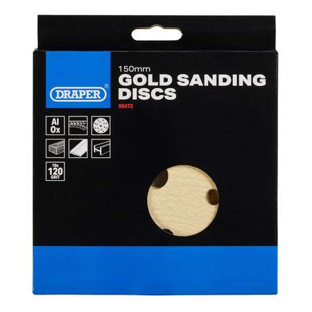 Gold Sanding Discs with Hook & Loop, 150mm, 120 Grit, 15 Dust Extraction Holes (Pack of 10) : Model No. SDHLG150