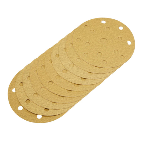Gold Sanding Discs with Hook & Loop, 150mm, 180 Grit, 15 Dust Extraction Holes (Pack of 10) : Model No. SDHLG150
