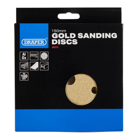 Gold Sanding Discs with Hook & Loop, 150mm, 180 Grit, 15 Dust Extraction Holes (Pack of 10) : Model No. SDHLG150