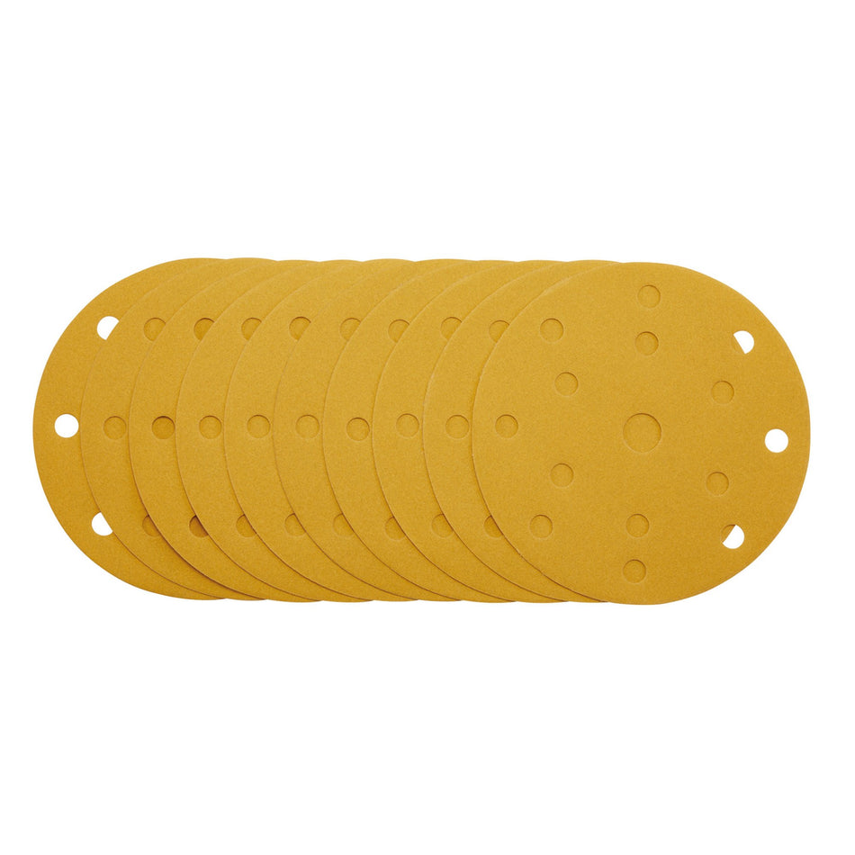 Gold Sanding Discs with Hook & Loop, 150mm, 240 Grit, 15 Dust Extraction Holes (Pack of 10) : Model No. SDHLG150