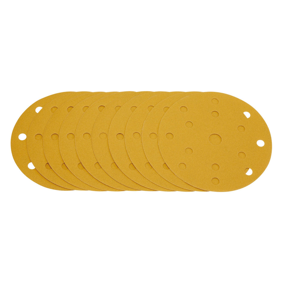 Gold Sanding Discs with Hook & Loop, 150mm, 240 Grit, 15 Dust Extraction Holes (Pack of 10) : Model No. SDHLG150