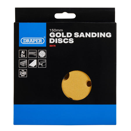 Gold Sanding Discs with Hook & Loop, 150mm, 240 Grit, 15 Dust Extraction Holes (Pack of 10) : Model No. SDHLG150