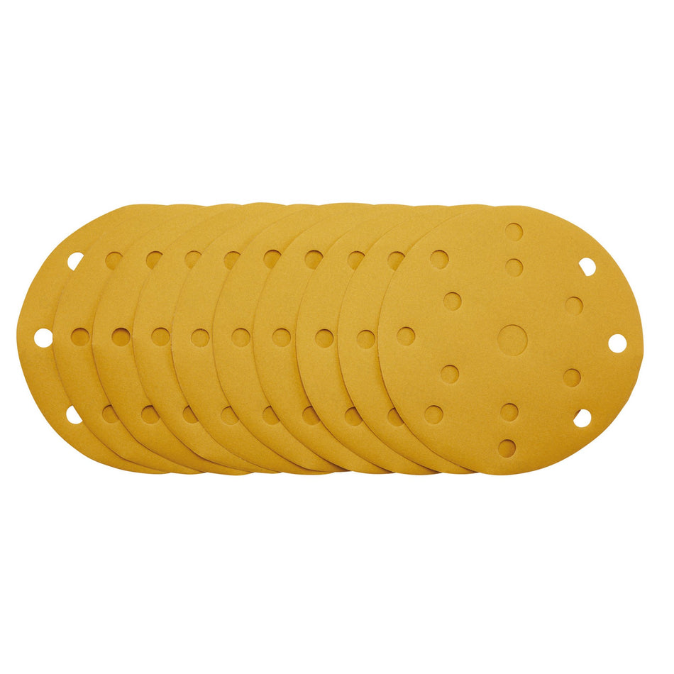 Gold Sanding Discs with Hook & Loop, 150mm, 320 Grit, 15 Dust Extraction Holes (Pack of 10) : Model No. SDHLG150