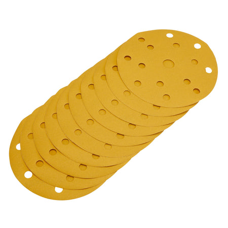 Gold Sanding Discs with Hook & Loop, 150mm, 320 Grit, 15 Dust Extraction Holes (Pack of 10) : Model No. SDHLG150