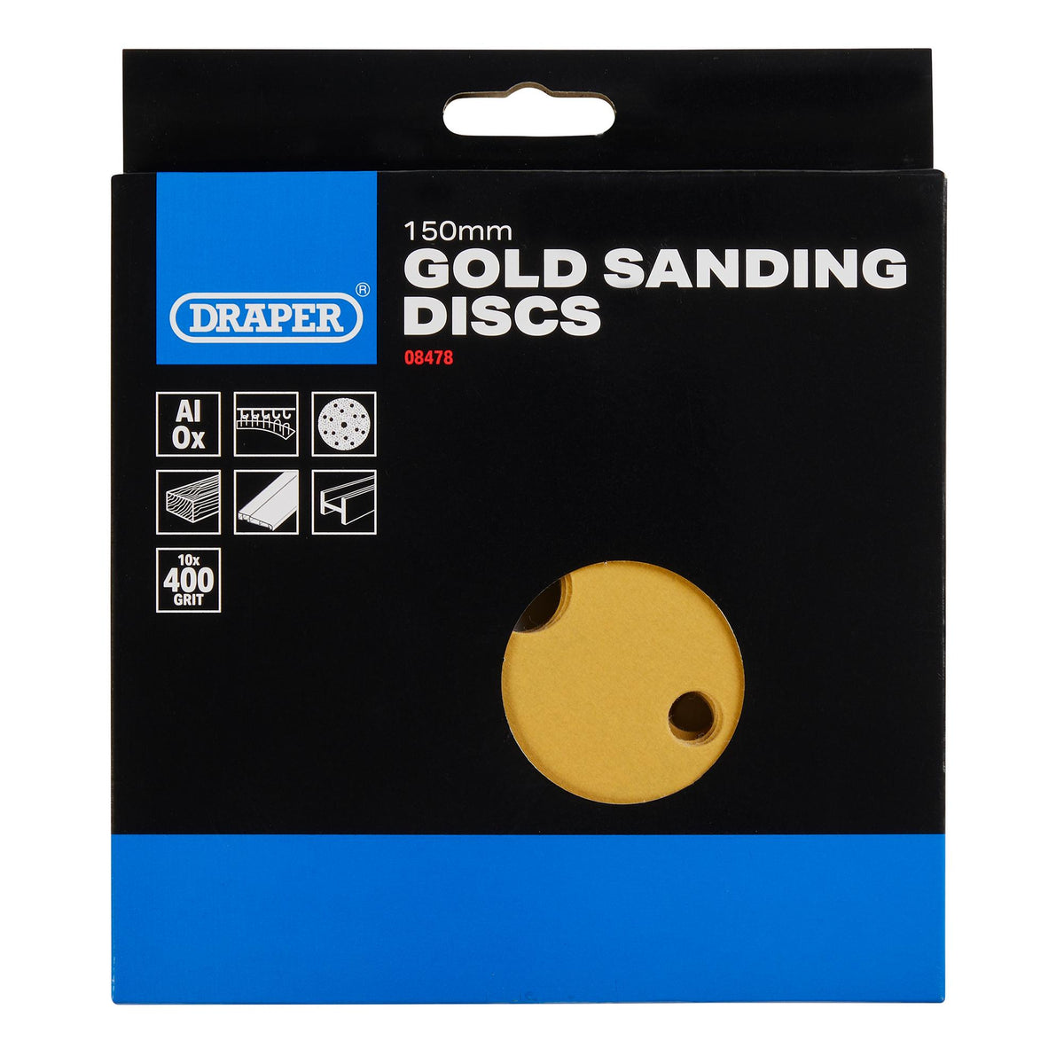 Gold Sanding Discs with Hook & Loop, 150mm, 400 Grit, 15 Dust Extraction Holes (Pack of 10) : Model No. SDHLG150