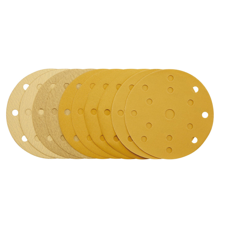 Gold Sanding Discs with Hook & Loop, 150mm, Assorted Grit - 120G, 180G, 240G, 320G, 400G, 15 Dust Extraction Holes (Pack of 10) : Model No. SDHLG150