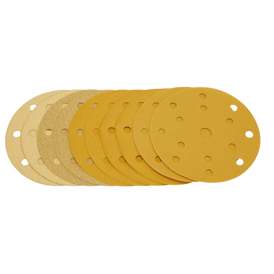 Gold Sanding Discs with Hook & Loop, 150mm, Assorted Grit - 120G, 180G, 240G, 320G, 400G, 15 Dust Extraction Holes (Pack of 10) : Model No. SDHLG150
