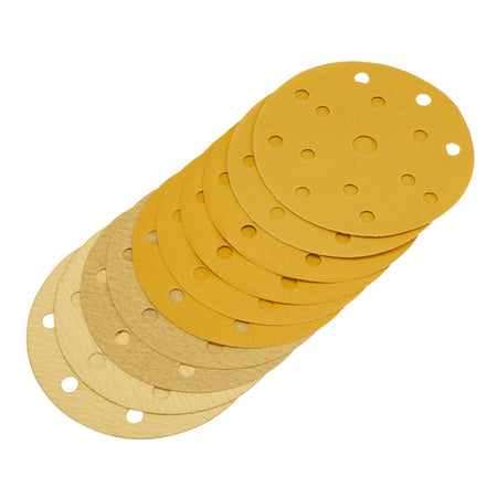 Gold Sanding Discs with Hook & Loop, 150mm, Assorted Grit - 120G, 180G, 240G, 320G, 400G, 15 Dust Extraction Holes (Pack of 10) : Model No. SDHLG150