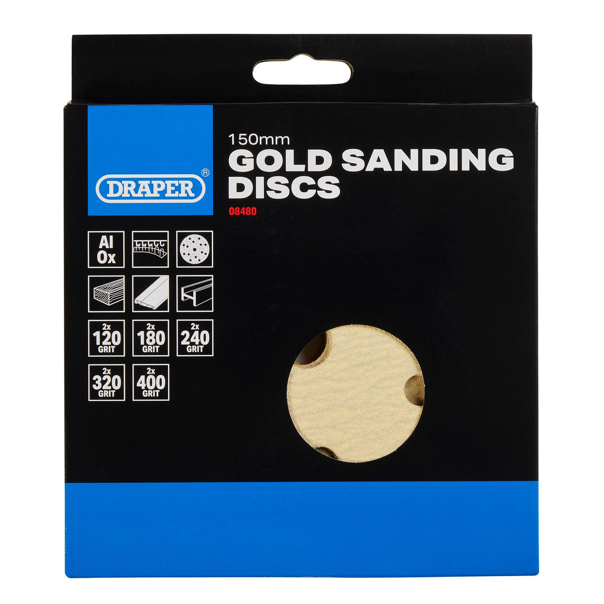 Gold Sanding Discs with Hook & Loop, 150mm, Assorted Grit - 120G, 180G, 240G, 320G, 400G, 15 Dust Extraction Holes (Pack of 10) : Model No. SDHLG150