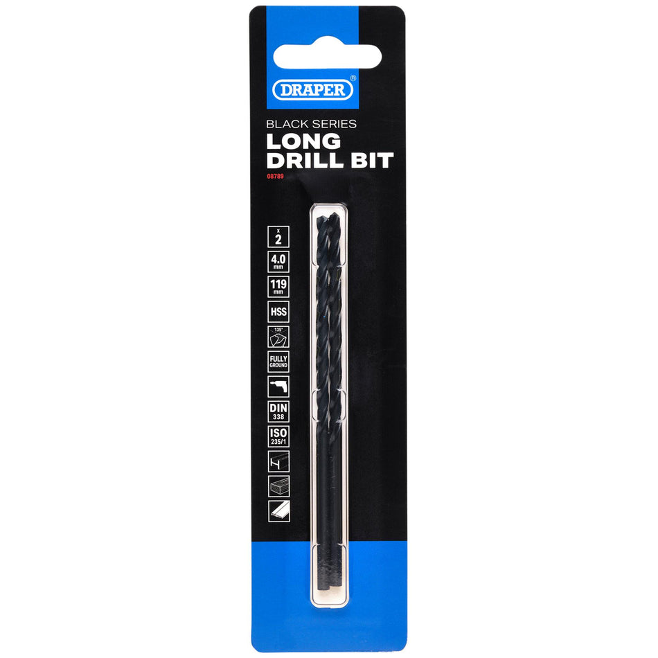 Black HSS Long Drill Bit 4.0 x 119mm (Pack of 2): No.DBBSL