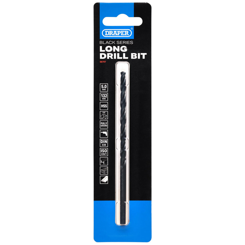 Black HSS Long Drill Bit 5.0 x 132mm: No.DBBSL