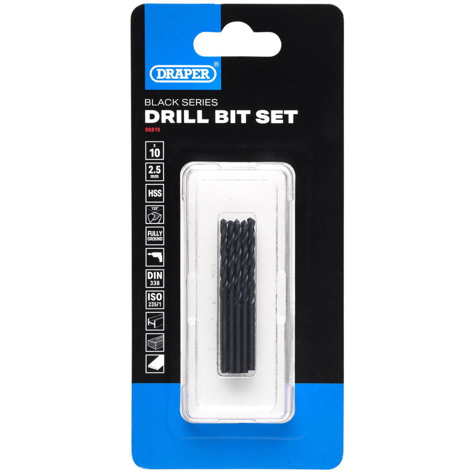 Black HSS Drill Bit, 2.5mm x 57mm (Pack of 10): No.DBBS