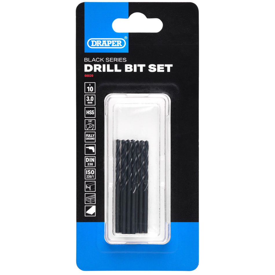 Black HSS Drill Bit, 3.0mm x 61mm (Pack of 10): No.DBBS