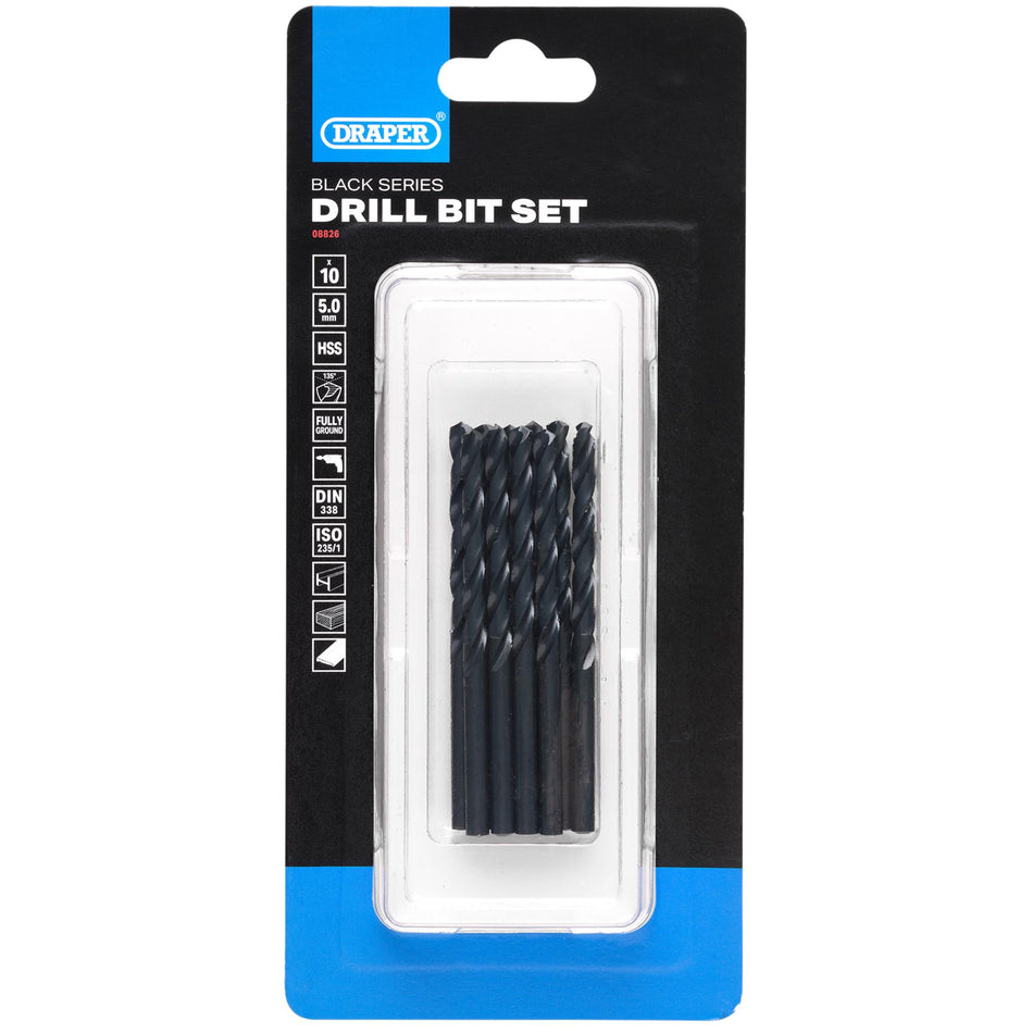 Black HSS Drill Bit, 5.0mm x 86mm (Pack of 10): No.DBBS