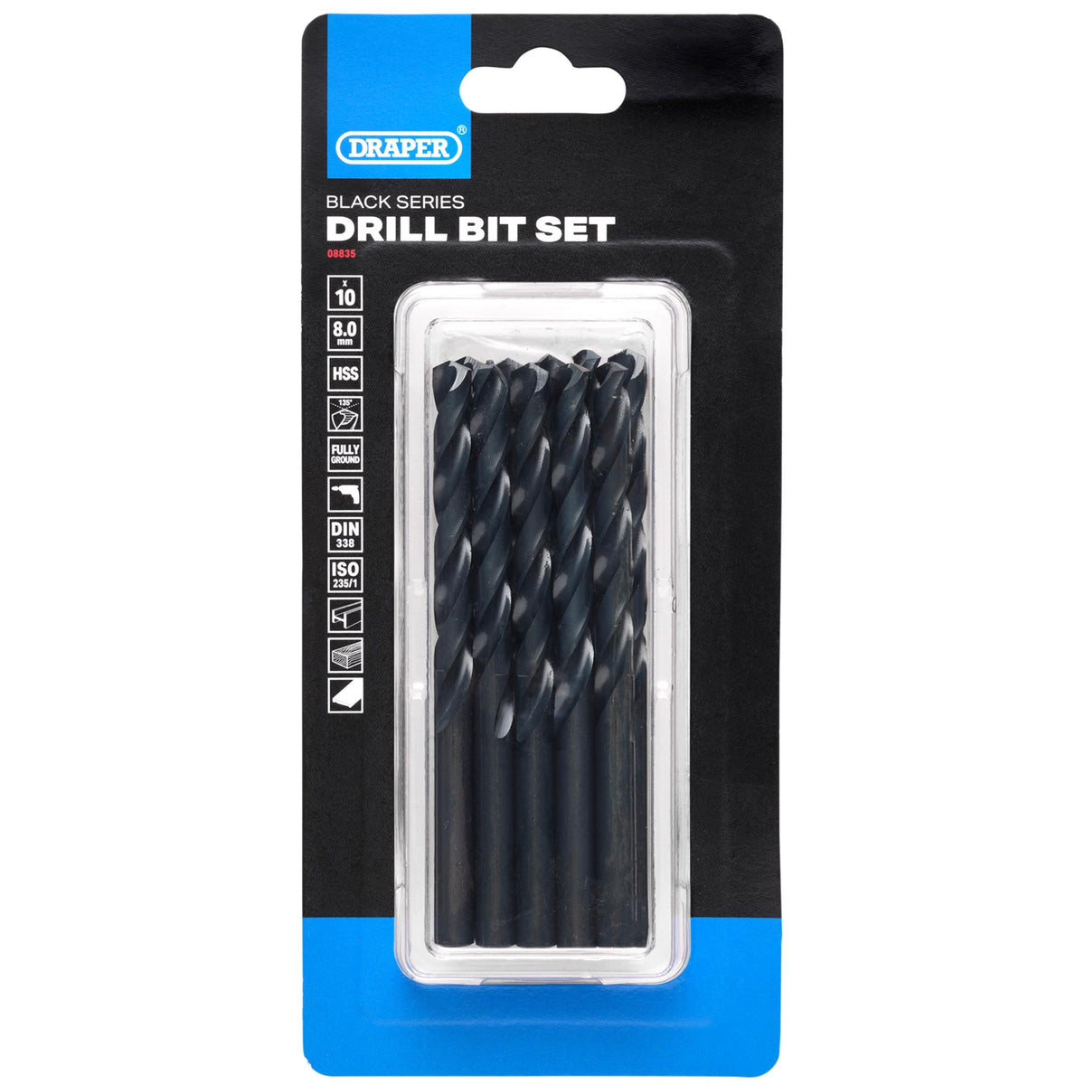 Black HSS Drill Bit, 8.0mm x 117mm (Pack of 10): No.DBBS