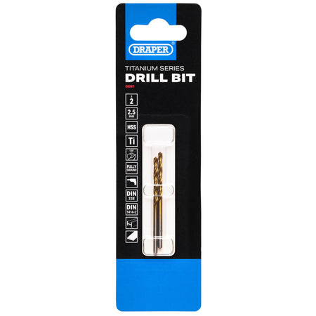 HSS Titanium Nitride Coated Drill Bit, 2.5mm x 57mm (Pack of 2): No.DBTS