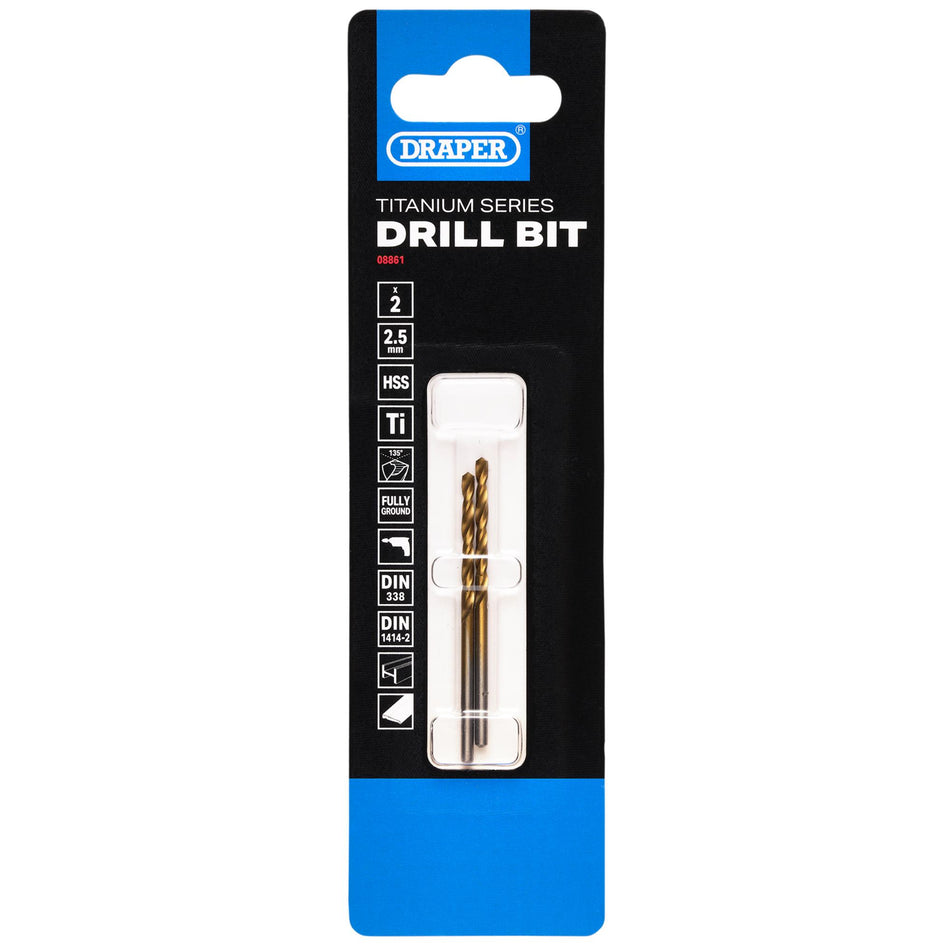 HSS Titanium Nitride Coated Drill Bit, 2.5mm x 57mm (Pack of 2): No.DBTS