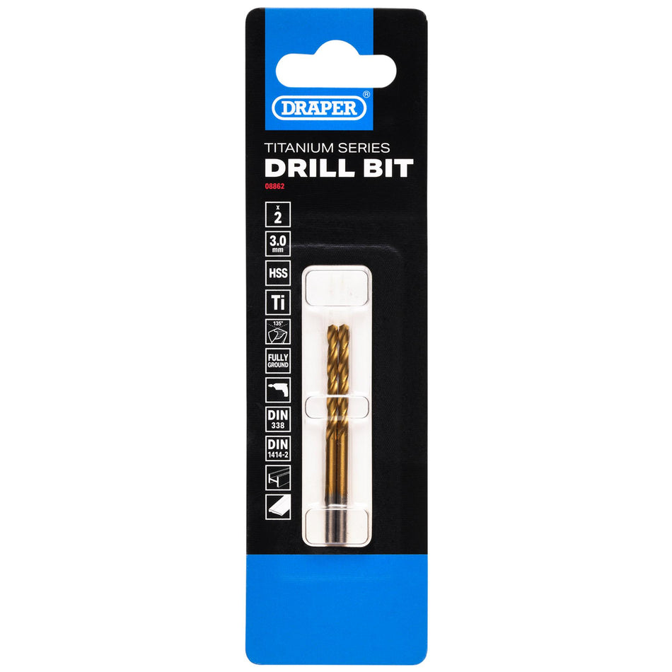 HSS Titanium Nitride Coated Drill Bit, 3.0mm x 61mm (Pack of 2): No.DBTS
