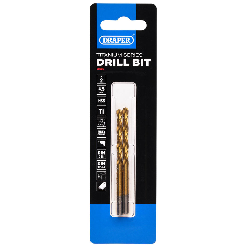 HSS Titanium Nitride Coated Drill Bit, 4.5mm x 80mm (Pack of 2): No.DBTS