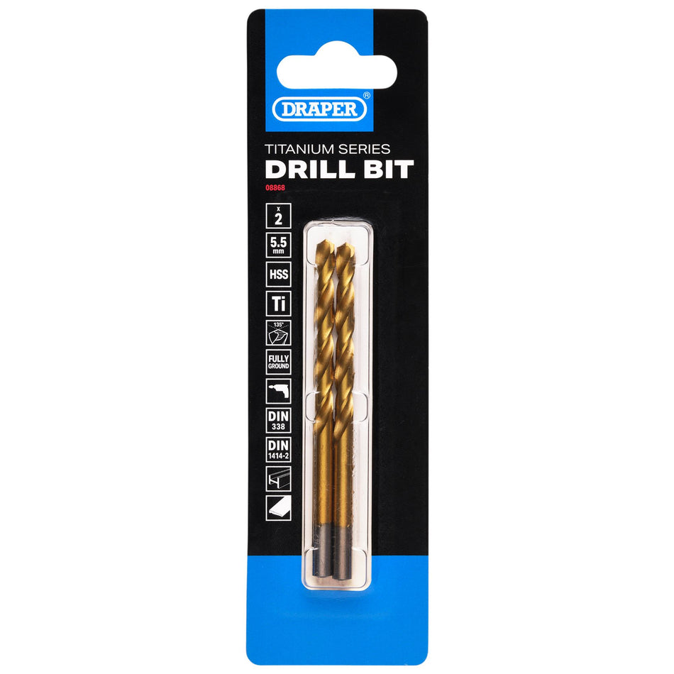 HSS Titanium Nitride Coated Drill Bit, 5.5mm x 93mm (Pack of 2): No.DBTS
