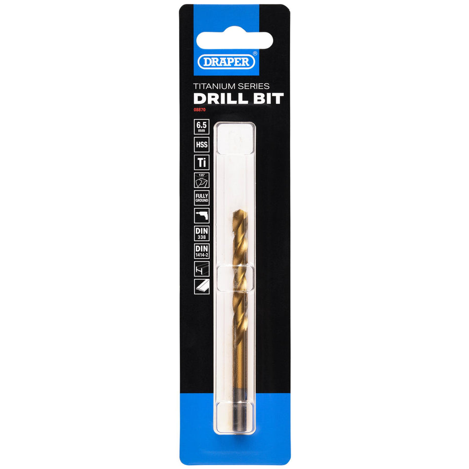HSS Titanium Nitride Coated Drill Bit, 6.5mm x 101mm: No.DBTS