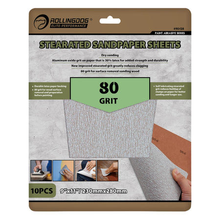 ROLLINGDOG Stearated Sanding Sheets, 230 x 280mm, 80 Grit (Pack of 10) : Model No. 90128