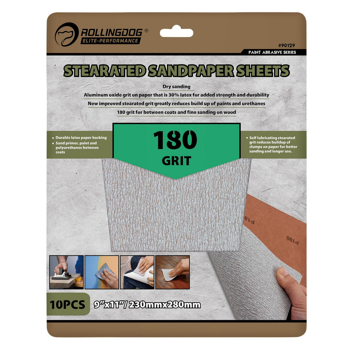 ROLLINGDOG Stearated Sanding Sheets, 230 x 280mm, 180 Grit (Pack of 10) : Model No. 90129