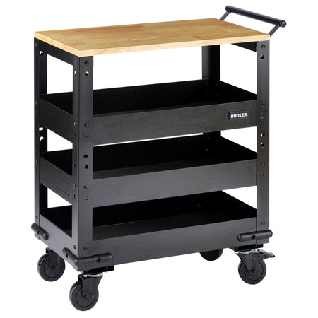 BUNKER 3 Tier Trolley with Pull Handle and Hardwood Worktop, 714mm : Model No. B400-3TCRWOOD
