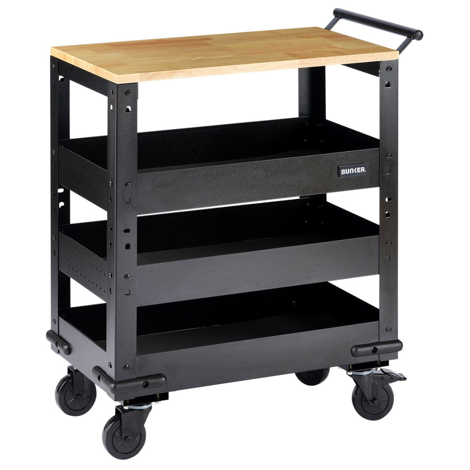 BUNKER 3 Tier Trolley with Pull Handle and Hardwood Worktop, 714mm : Model No. B400-3TCRWOOD