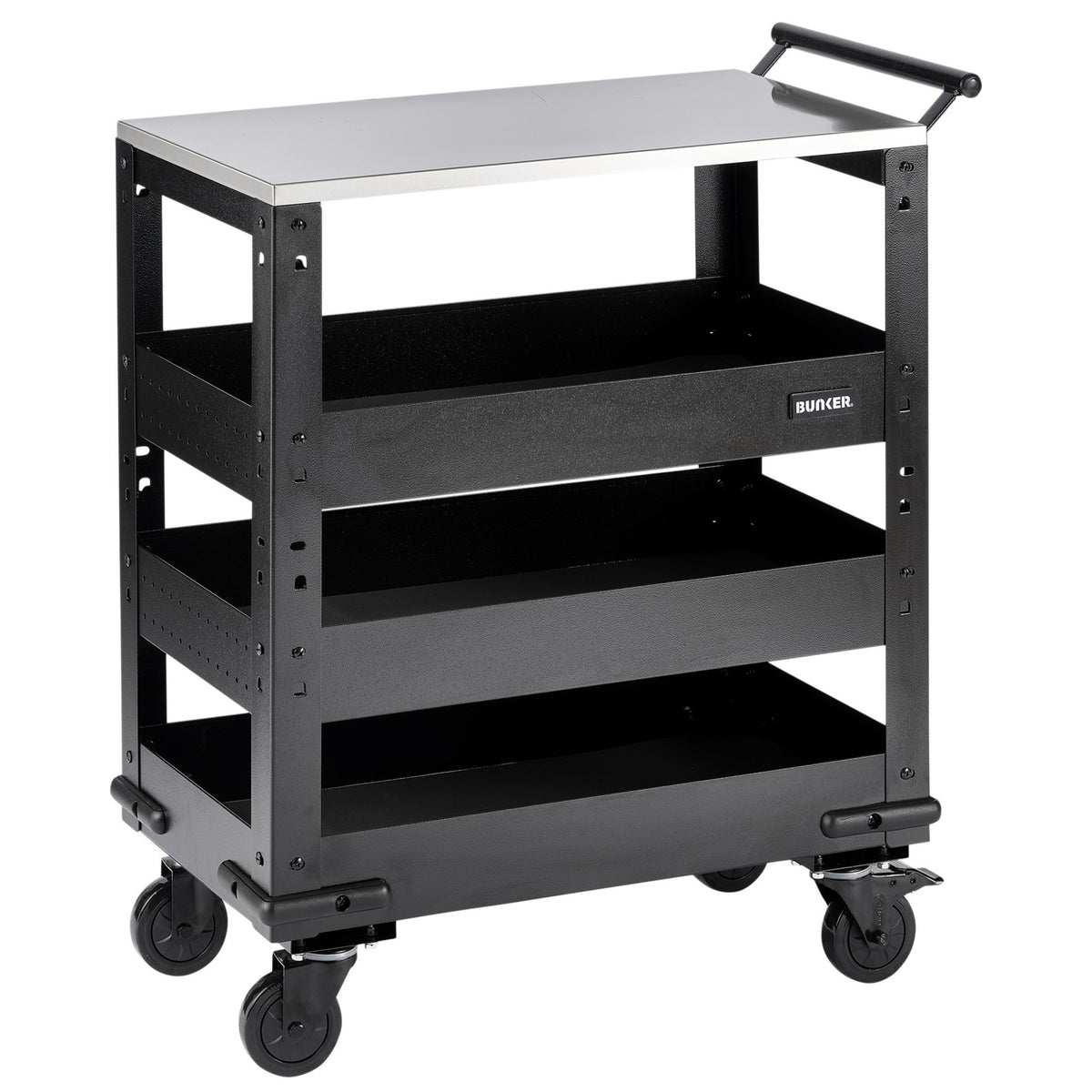 BUNKER 3 Tier Trolley with Pull Handle and Stainless Steel Worktop, 714mm : Model No. B400-3TCR/SS
