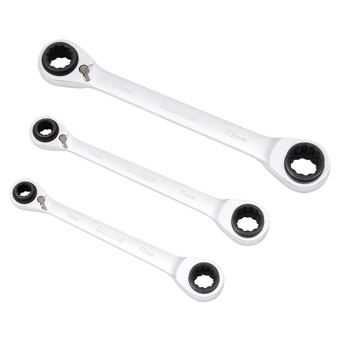 Metric 4-in-1 Reversible Double Ring End Ratchet Spanner Set (3 Piece)