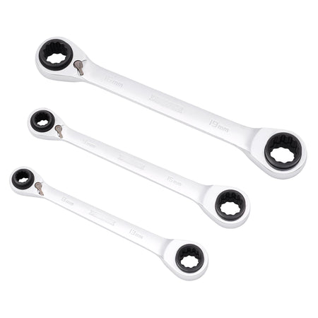 Metric 4-in-1 Reversible Double Ring End Ratchet Spanner Set (3 Piece)