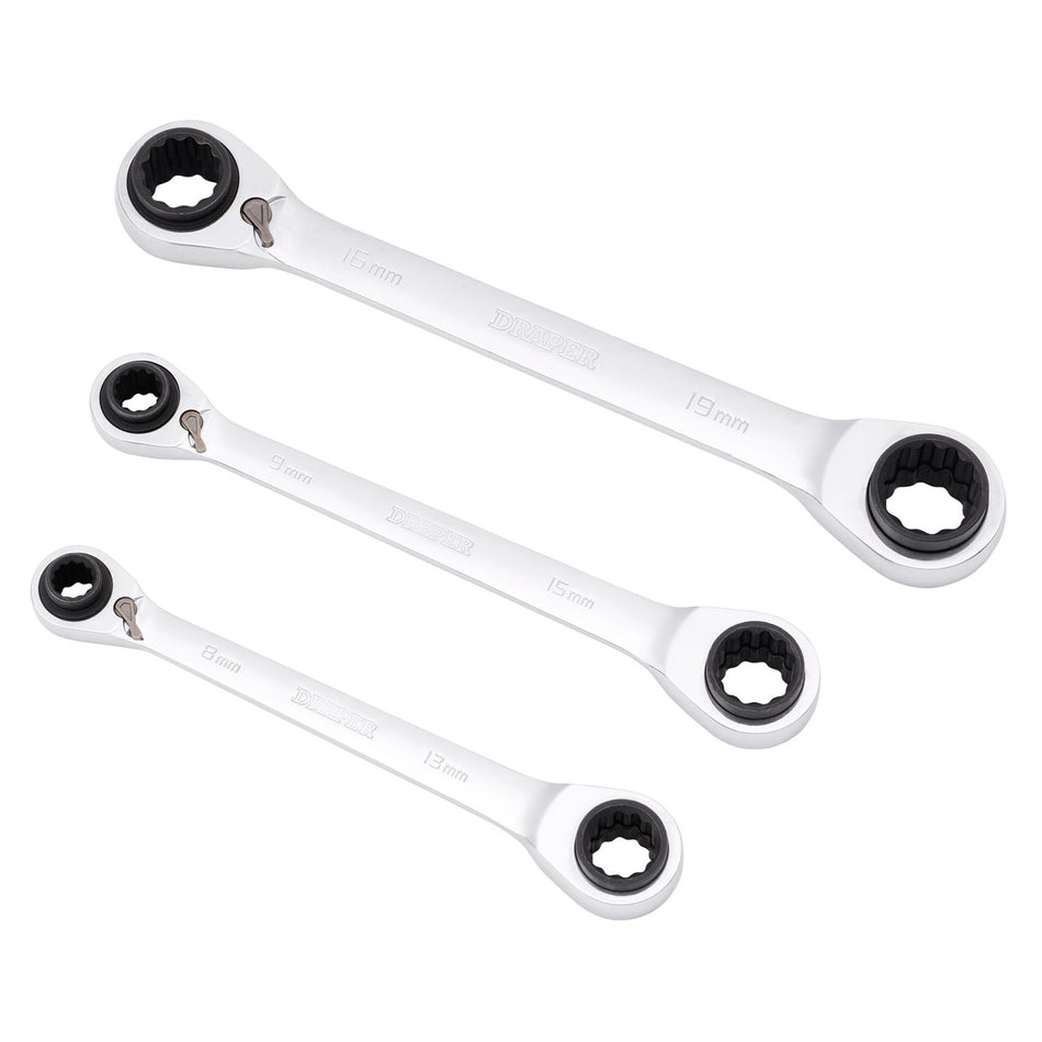Metric 4-in-1 Reversible Double Ring End Ratchet Spanner Set (3 Piece)
