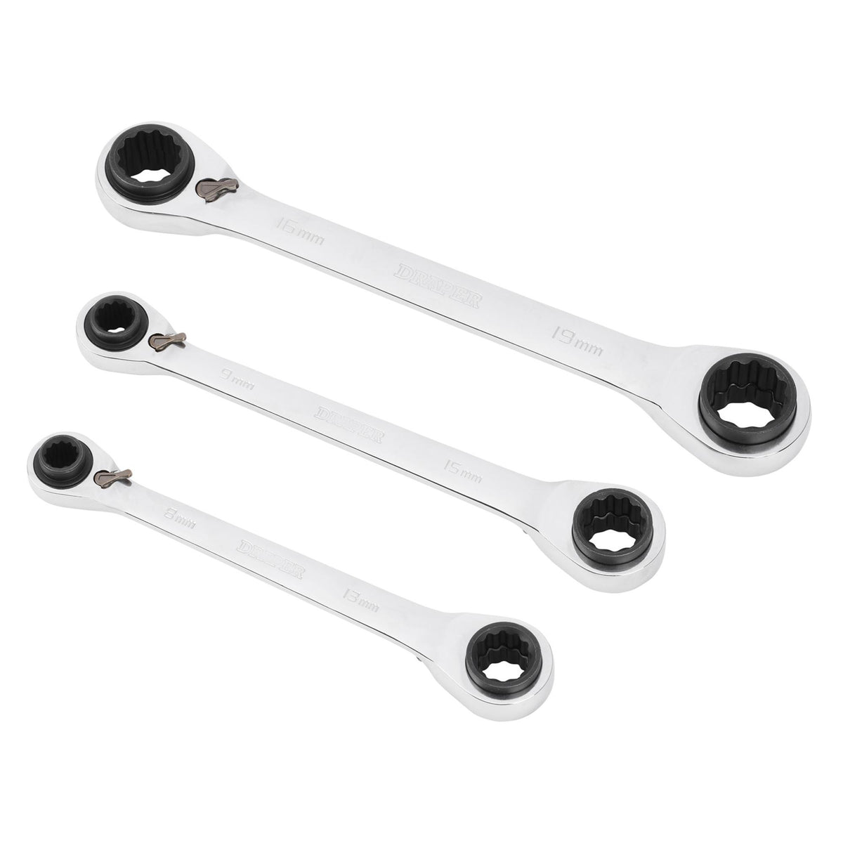 Metric 4-in-1 Reversible Double Ring End Ratchet Spanner Set (3 Piece)