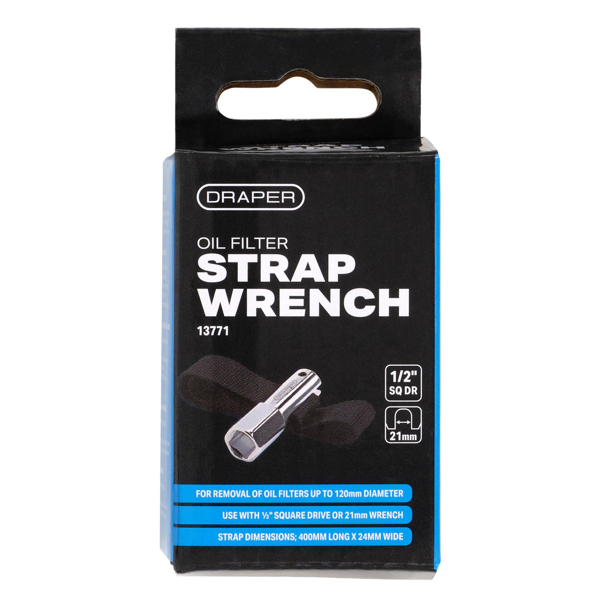 DRAPER 1/2in. Square Drive or 21mm 120mm Capacity Oil Filter Strap Wrench: Model No.256