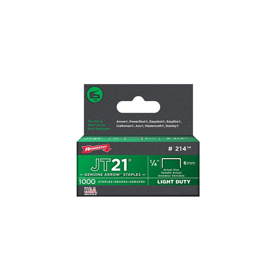 Arrow JT21 T27 Staples 6mm (1/4in) Box 1000