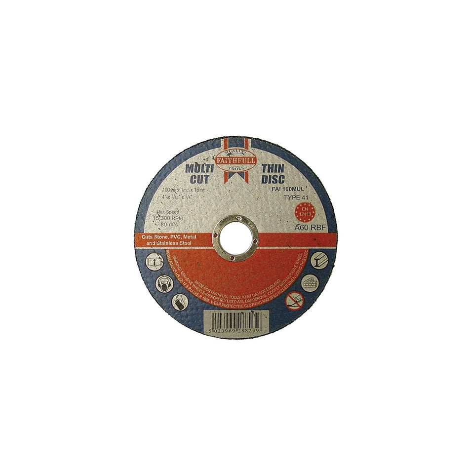 Faithfull Multi-Cut Thin Cut Off Wheel 100mm x 1.0 x 16 Pack of 10