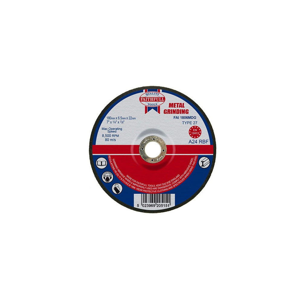 Faithfull Grinding Disc for Metal Depressed Centre 180 x 6.5 x 22mm
