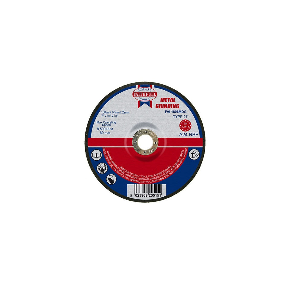 Faithfull Grinding Disc for Metal Depressed Centre 180 x 6.5 x 22mm