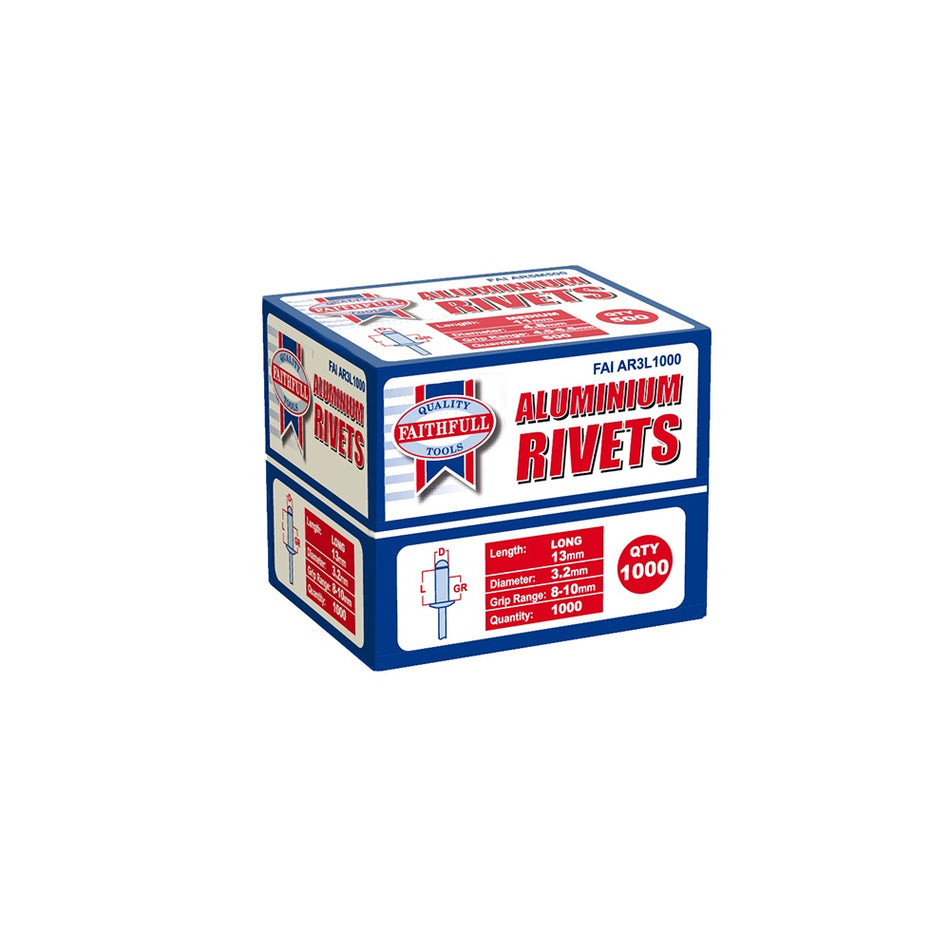 Faithfull Aluminium Rivets 3.2mm x 13mm Long Bulk Pack of 1000