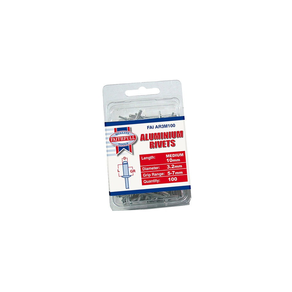 Faithfull Aluminium Rivets 3.2mm x 10mm Medium Pre-Pack of 100