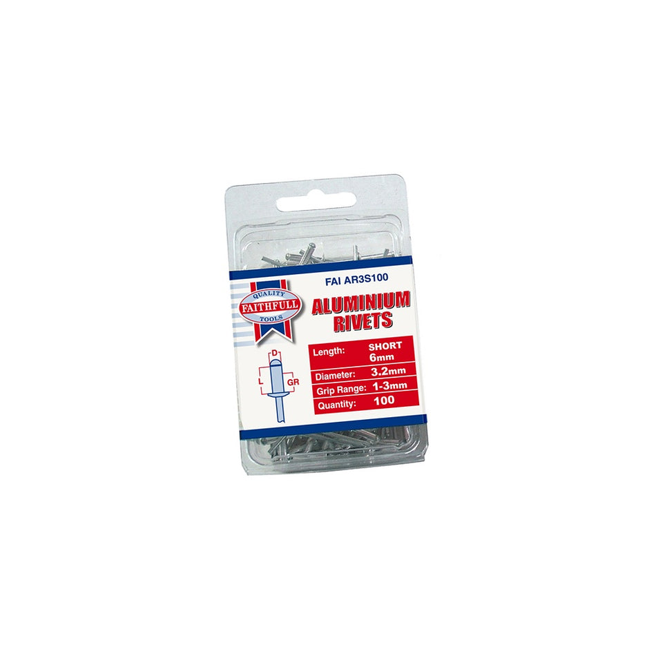 Faithfull Aluminium Rivets 3.2mm x 6mm Short Pre-Pack of 100